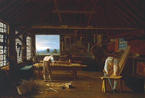 Painting of woodworkers craftsman working in workshop.