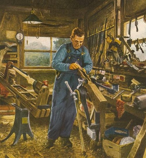 Painting of woodworkers craftsman working in workshop.