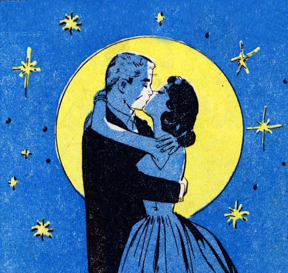 Vintage illustration couple man woman kissing under moon stars.