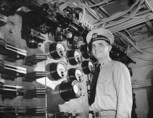 Vintage navy seaman on submarine. 