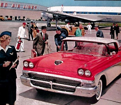 Vintage illustration red car on airport tarmac.