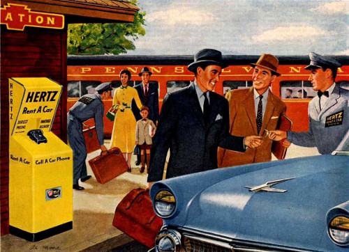 Vintage illustration hertz rent a car kiosk train station.