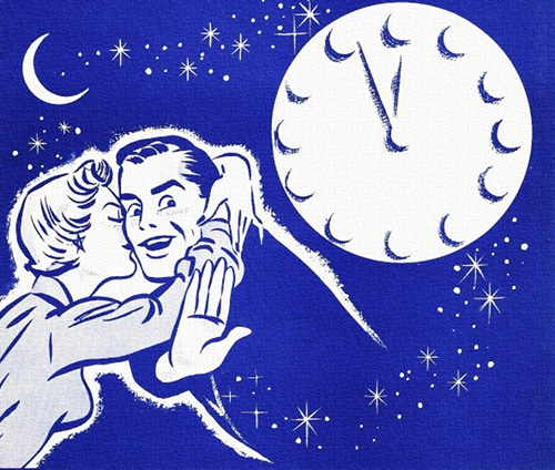 Vintage illustration man holding off advances of woman late at night.