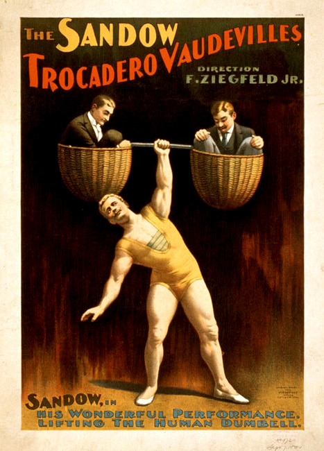 Eugen Sandow vintage strongman poster lifting two men.