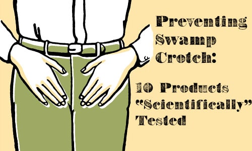 Preventing swamp crotch illustration man touching groin.