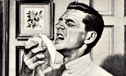 Vintage illustration man sneezing into handkerchief kleenex.