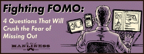 FOMO fear of missing out man on many devices illustration.