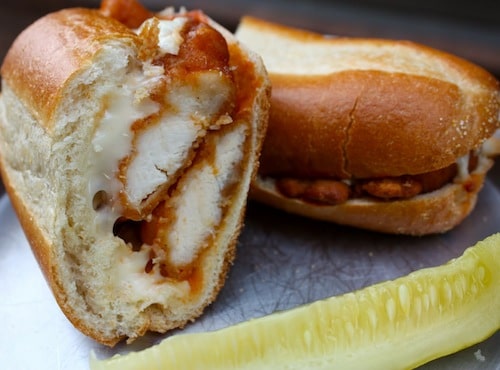 Hot chicken sandwich mozzarella wing sauce.