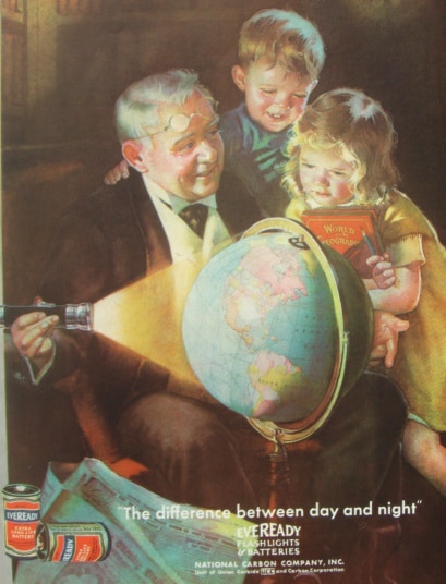 Vintage painting illustration grandfather showing children globe.