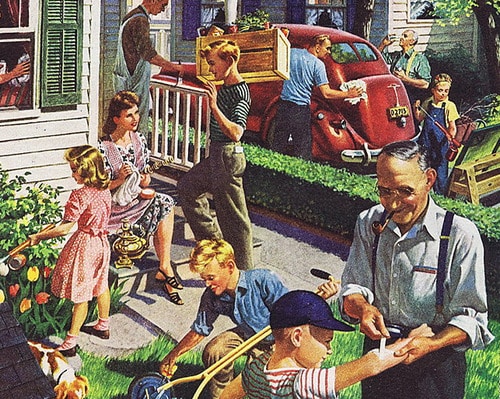 Vintage illustration painting family doing work around house.