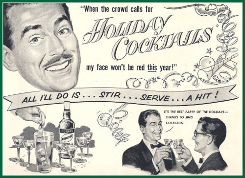 Vintage 1950s holiday winter cocktails ad advertisement.