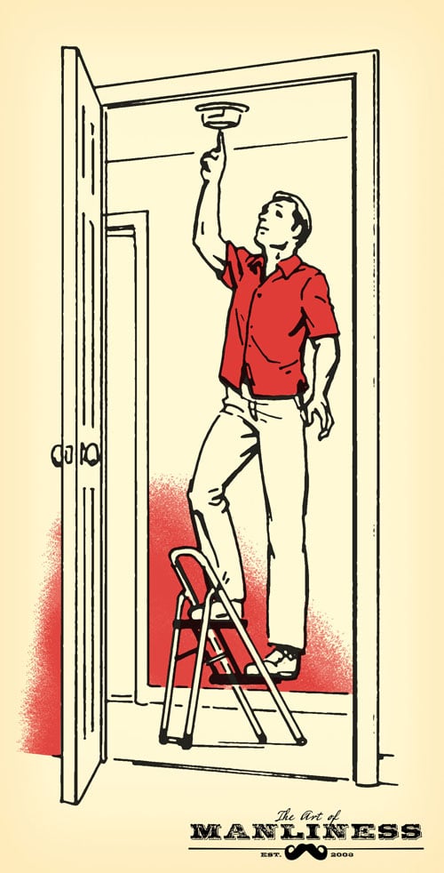 Man on step ladder checking smoke fire alarm illustration.