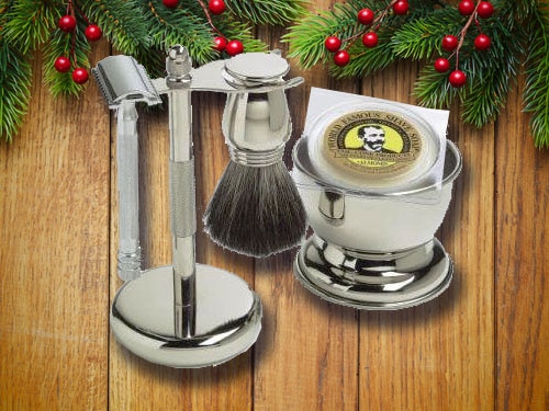 Safety razor set with christmas background.