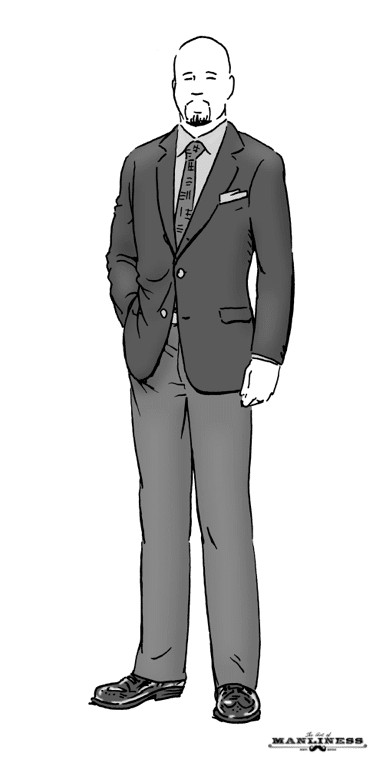 Bald man with goatee wearing suit illustration.