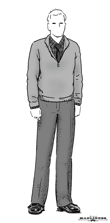 Man in quarter zip sweater over button up shirt illustration.