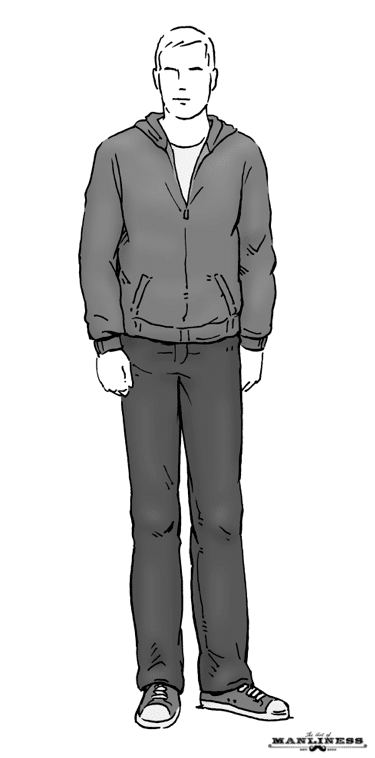 Man in jeans and zip up hoodie sweatshirt illustration.