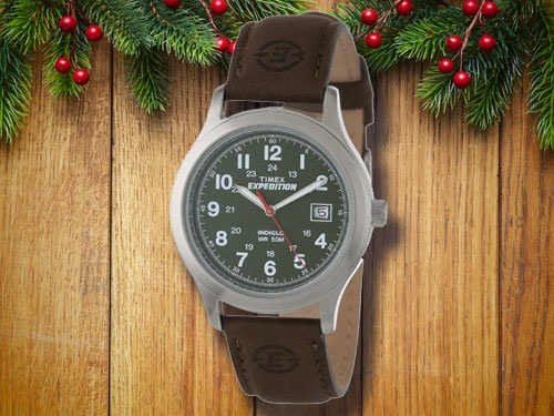 Timex field watch with christmas background.