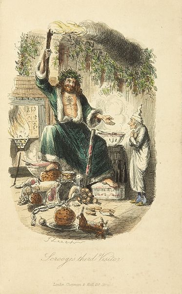 Ebenezer scrooge meeting ghosts painting illustration.