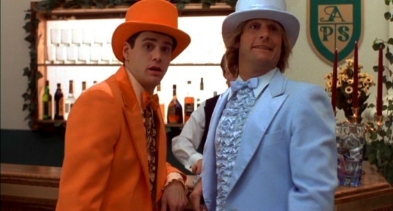 Harry and Lloyd in dumb and dumber blue and orange tux.