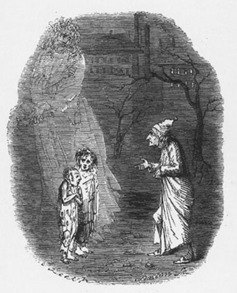 Ebenezer scrooge wood engraving meeting two young children.