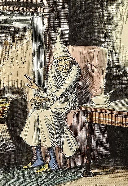 Ebenezer scrooge illustration painting sitting in sleeping robe.