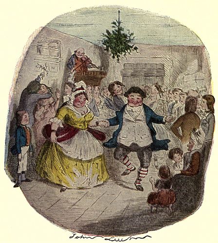 Ebenezer scrooge painting dancing with lady in hall.