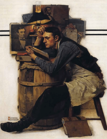 Man blue collar worker reading over barrel illustration painting.