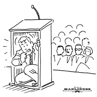 Fear of public speaking man hiding behind podium illustration.