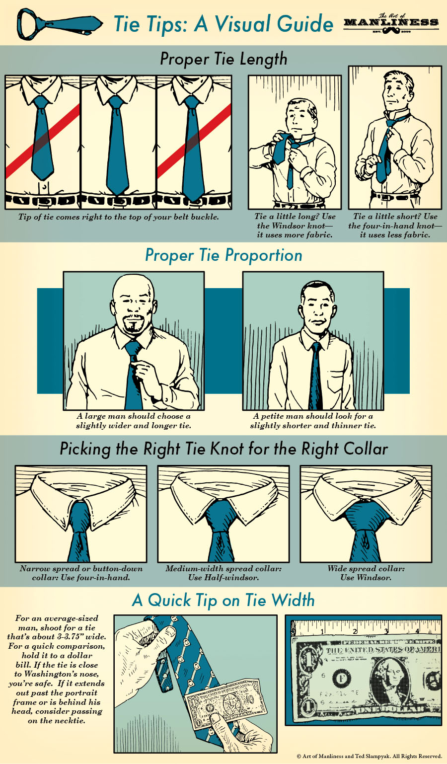 Tie tips: a visual guide proper tie length. tip of tie comes right to the top of your belt buckle. tie a little long? use the windsor knot â€“ it uses more fabric. tie a little short? use the four-in-hand knot â€“ it uses less fabric. proper tie proportion. a large man should choose a slightly wider and longer tie. a petite man should look for a slightly shorter and thinner tie. picking the right tie know for the right collar. narrow spread or button collar â€“ use four-in-hand. medium-width spread collar â€“ use hald-windsor. wide spread collar â€“ use windsor. a quick tip on tie width. for an average-sized man, shoot for a tie thatâ€™s about 3-3.75â€ wide. for a quick comparison, hold it to a dollar bill. If the tie is close to Washingtonâ€™s nose, youâ€™re safe. If it extends past the portrait frame or is behind his head, consider passing on the necktie. 