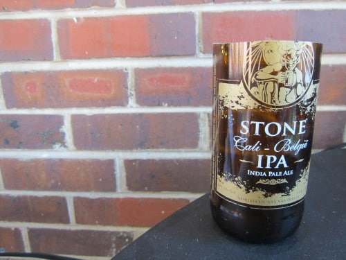 Homemade drinking glass from beer bottle stone IPA.