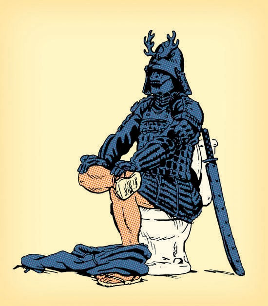 Samurai siting on the toilet seat.