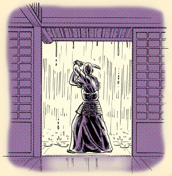 Samurai training during rain illustration. 