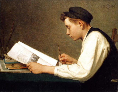 vintage boy student doing copy work writing in notebook from book