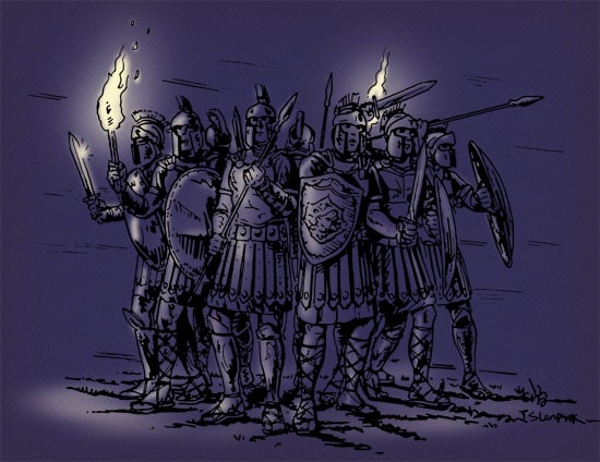 Spartan soldiers standing with swords illustration. 