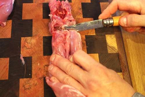 After removing the back legs, I cut the pelvis off. I save the pelvis section and use it to make a rabbit stock with the neck and ribcage (mentioned later).