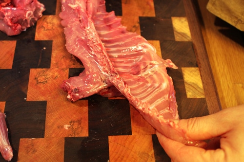 After removing the pelvis I then cut through the ribs against the spine. Here I’m using my knife, but I’ve also used scissors before as well. Before doing this you’ll want to filet the back loin away from the ribs so that you don’t cut any of that off with the ribcage. Once both sides of ribs are cut from the spine, I cut off the ribcage and neck and include it as one piece with the pelvis for rabbit stock.
