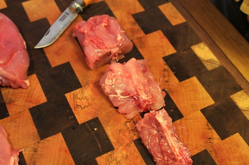 The rabbit loins line the top and bottom of the spine and are my favorite pieces (along with the back legs). For portioning and serving I will normally cut the spine/loins into three sections. Each of these make a great portion.