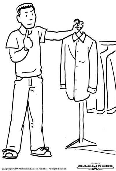 Man looking in closet pulling out looking at shirt illustration.