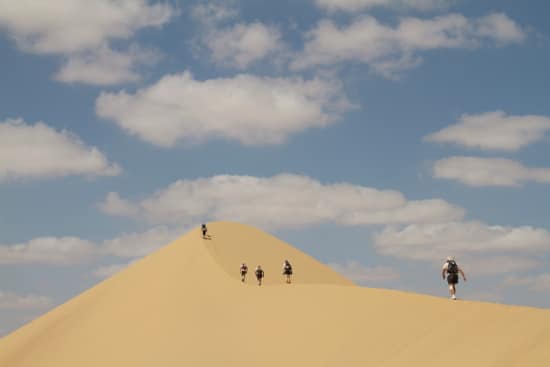 Runners in Sahara desert ultra marathon running on sand dune ridge.