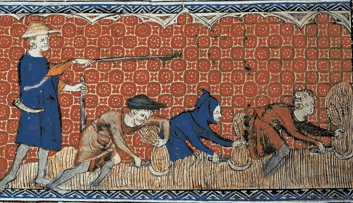ancient tile artwork man whipping serfs in field