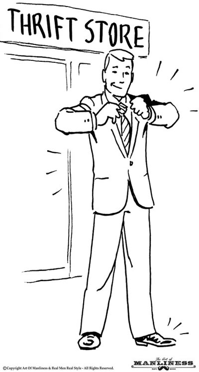 Man coming out of thrift store with new suit illustration.