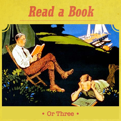 vintage illustration father and son reading a book outside