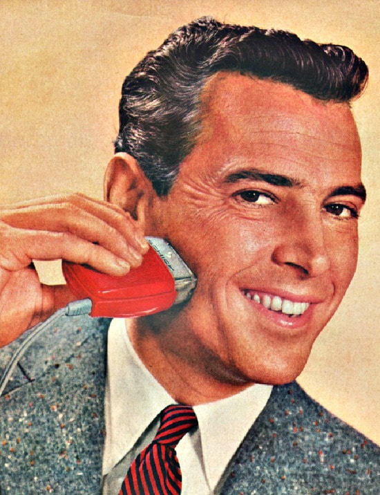 Vintage illustration man shaving with electric razor 1950s.