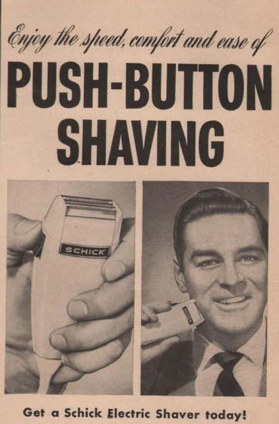 Vintage shick electric razor shaver ad advertisement push button shaving.