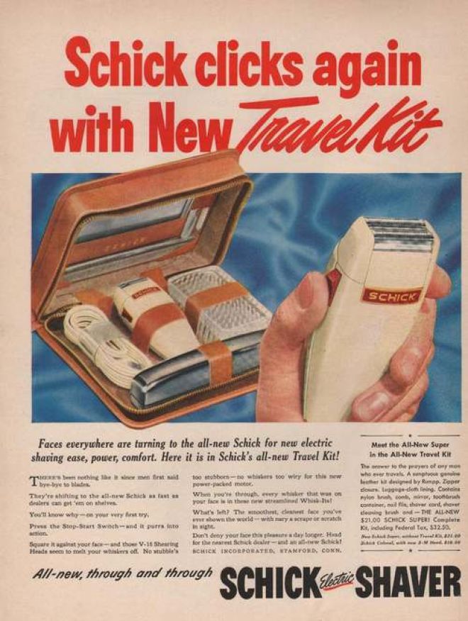 Vintage Schick Eléctrica razor shaver ad advertisement travel kit.