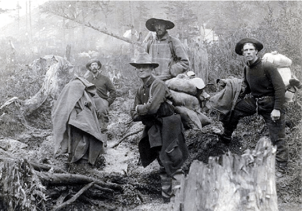 Vintage men wearing hats in forest. 