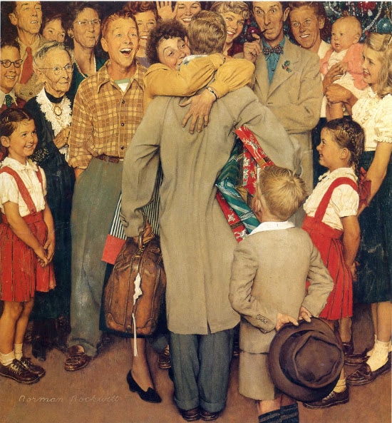 Vintage painting man coming home from trip being welcomed.