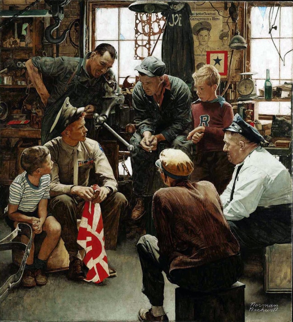 Normal Rockwell painting men and boys in workshop teaching lessons.