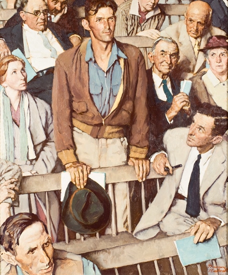 Vintage illustration painting man standing at community meeting.