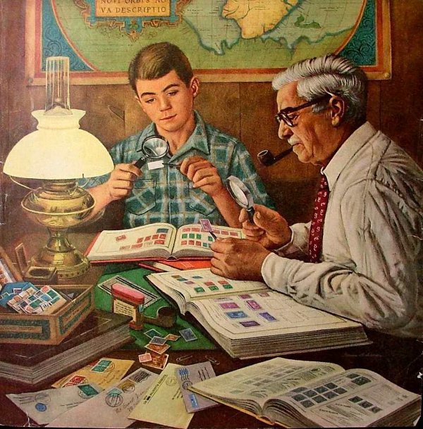 Vintage painting illustration boy and older man looking at stamp collection.